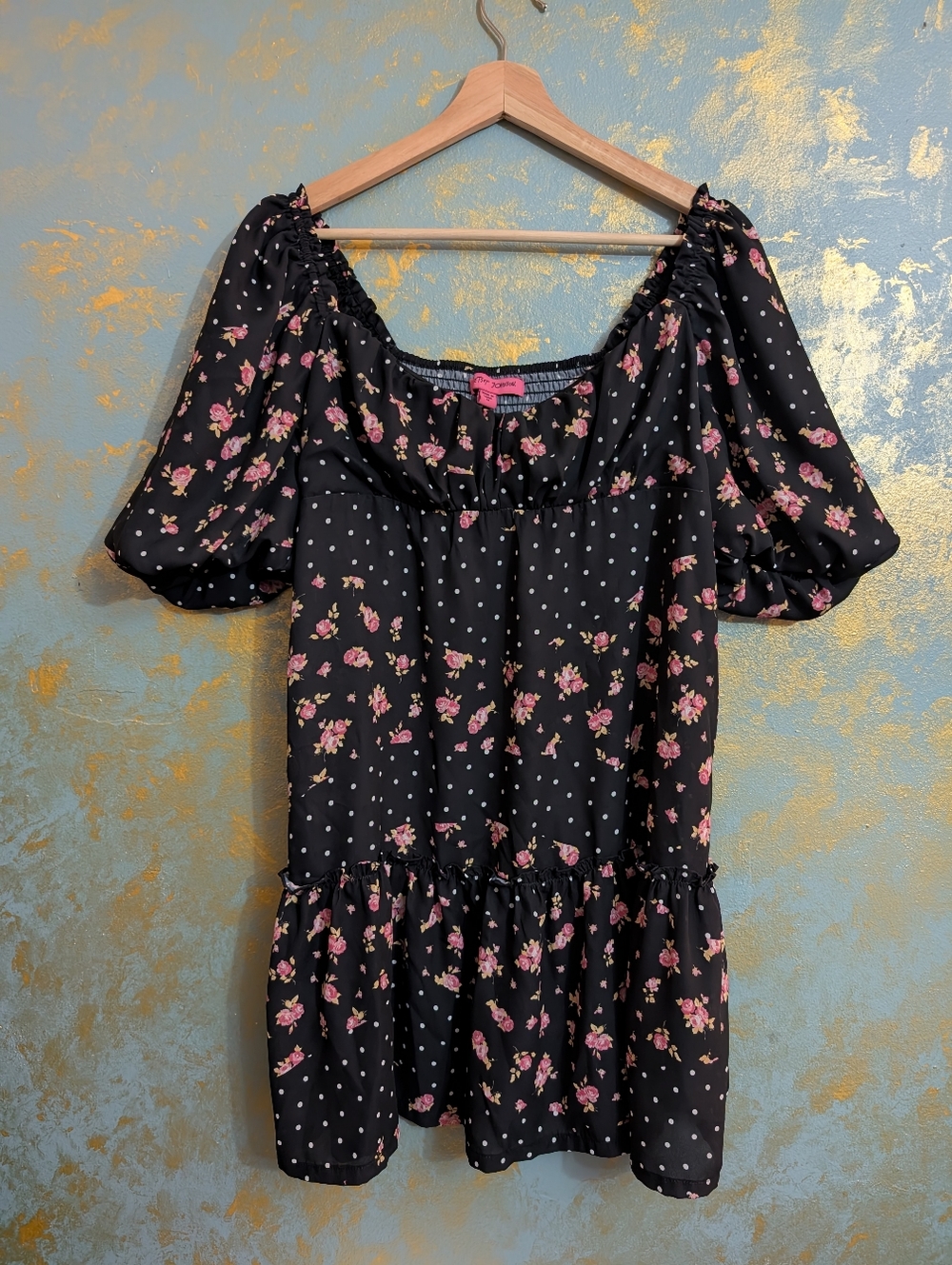 Betsey Johnson Black Floral & Polka Dot Puff Sleeve Babydoll Dress Size M